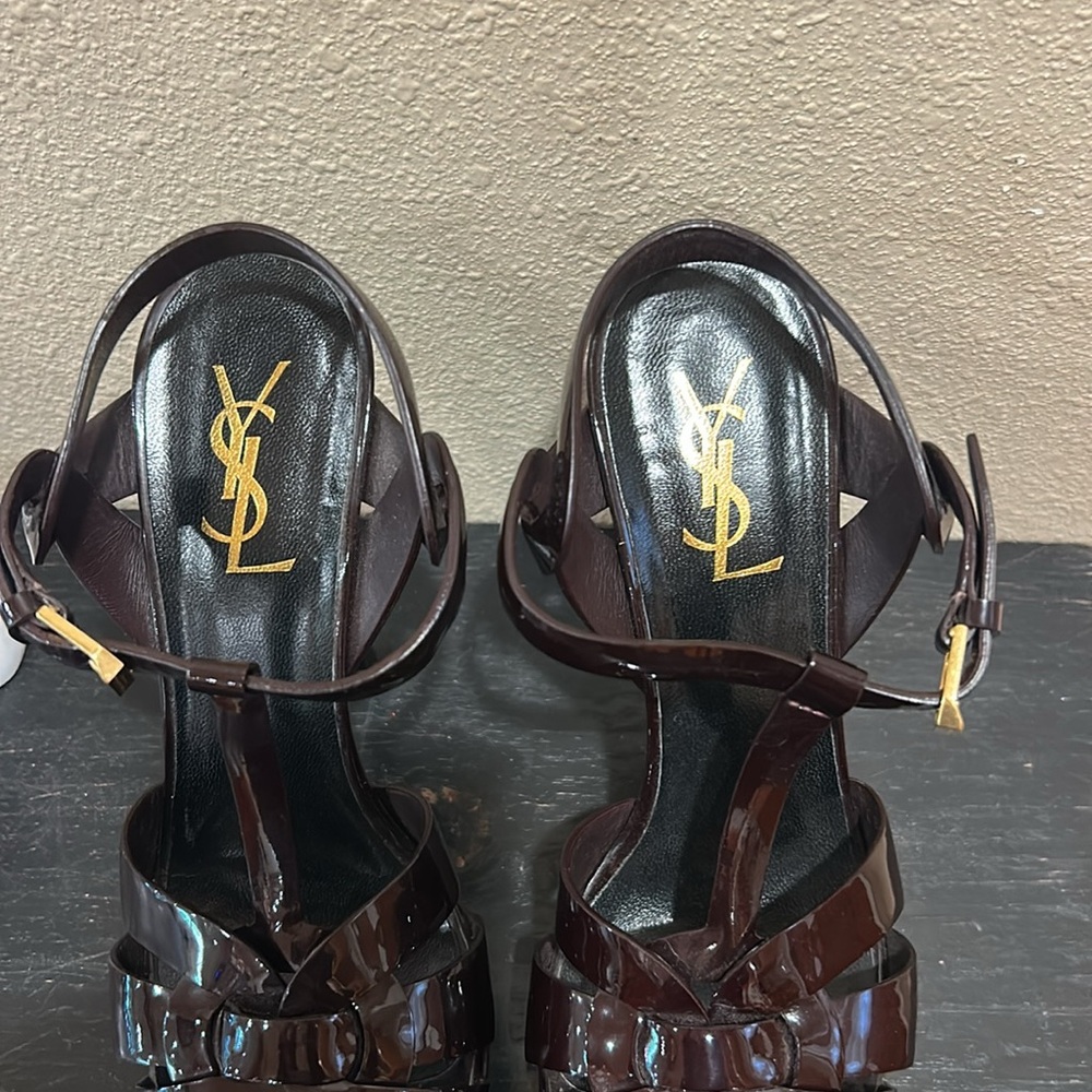 Yves Saint Laurent Burgundy Patent Leather T-Strap Platform Heels - Picture 5 of 13